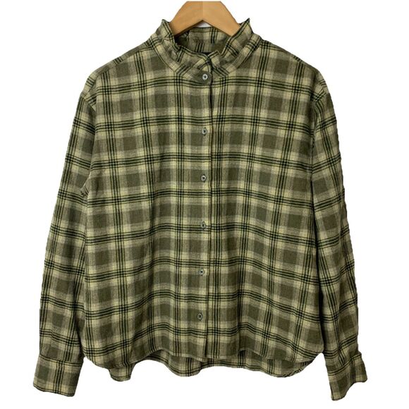 Banana Republic Tops - Banana Republic Plaid Ruffle Collar Button Down Shirt Women’s M Wool Blend Green